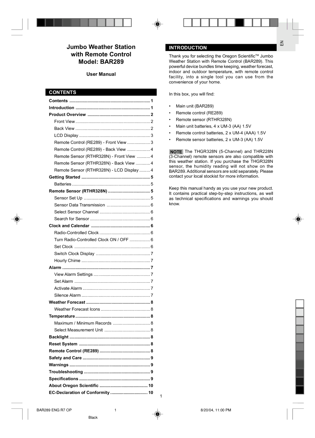 Oregon Scientific BAR289 user manual Introduction, Contents 