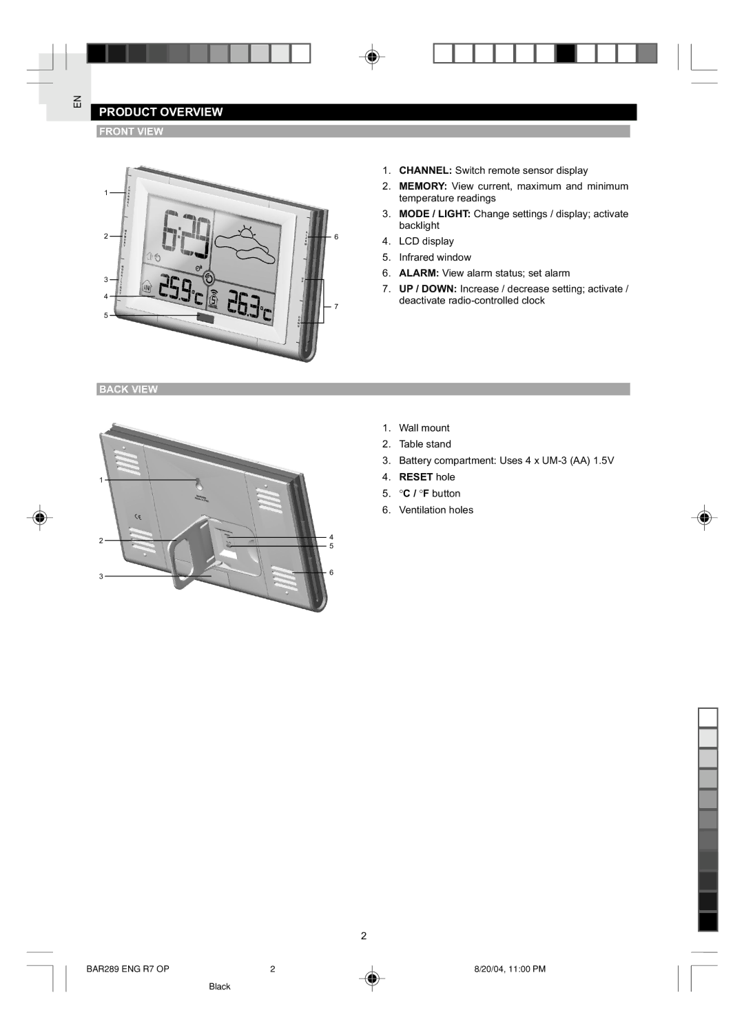 Oregon Scientific BAR289 user manual EN Product Overview, Front View Back View, Reset hole F button 