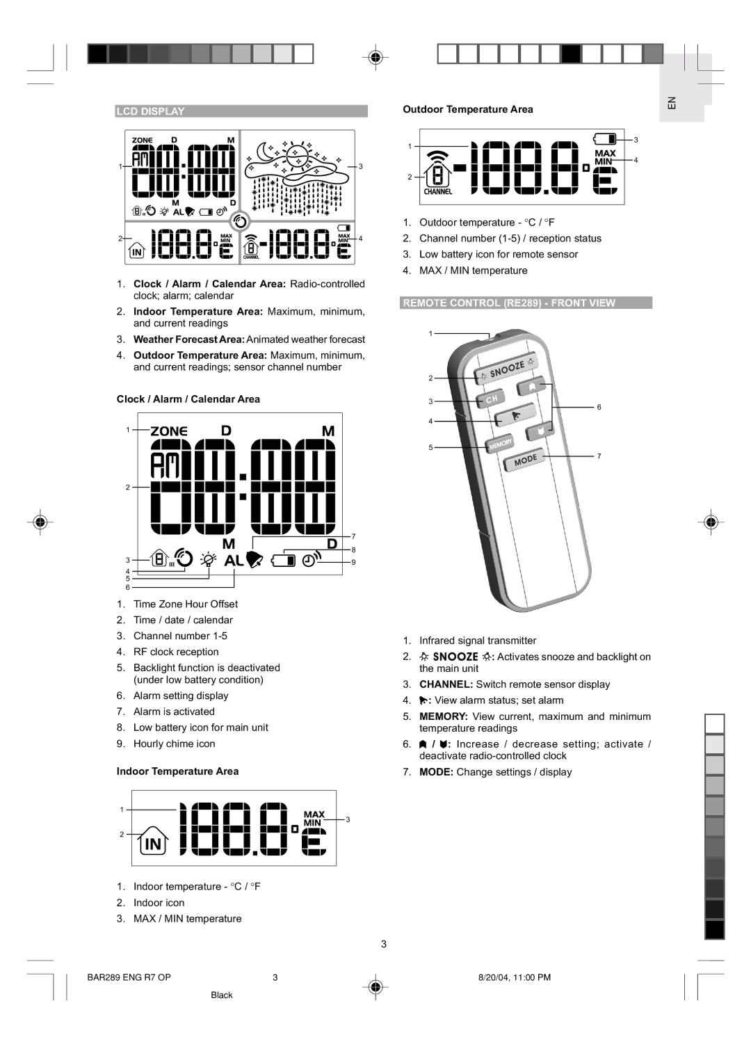 Oregon Scientific BAR289 user manual LCD Display, Remote Control RE289 Front View, Indoor Temperature Area 