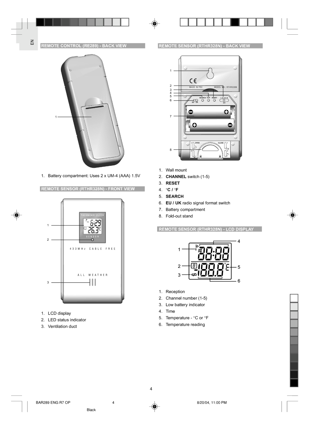 Oregon Scientific BAR289 user manual Remote Sensor RTHR328N Front View, Reset Search, Remote Sensor RTHR328N LCD Display 