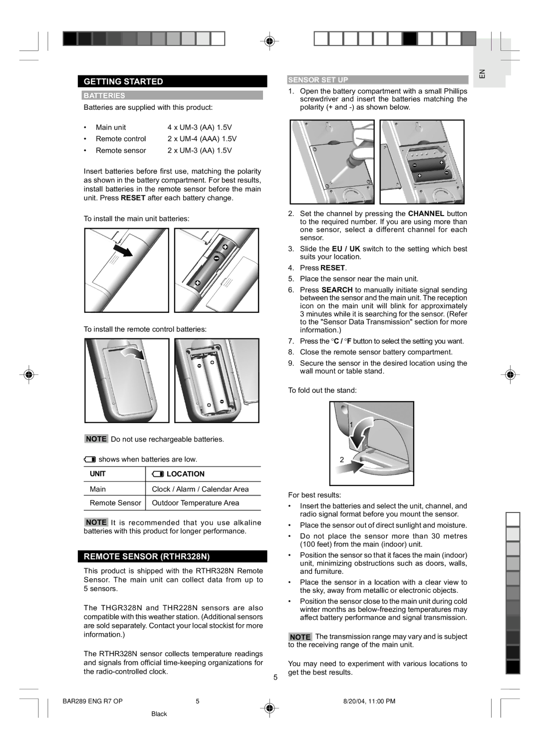 Oregon Scientific BAR289 user manual Getting Started, Remote Sensor RTHR328N, Batteries, Sensor SET UP, Unit Location 