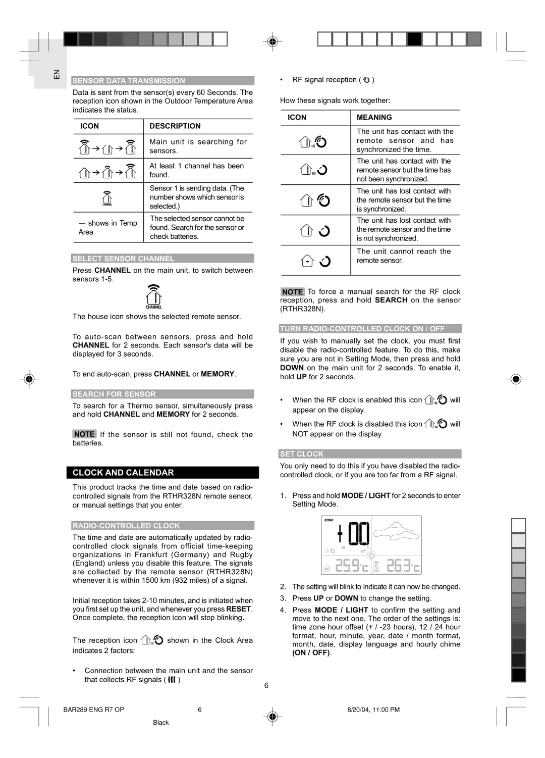 Oregon Scientific BAR289 user manual Clock and Calendar 