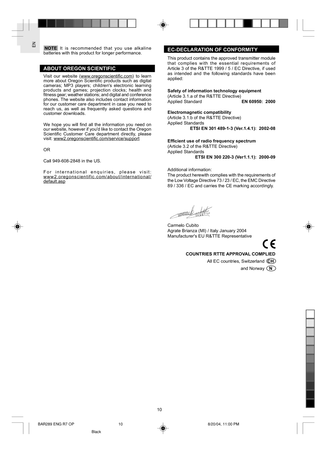Oregon Scientific BAR289 user manual About Oregon Scientific, Ec-Declaration Of Conformity, Applied Standard, EN 60950 