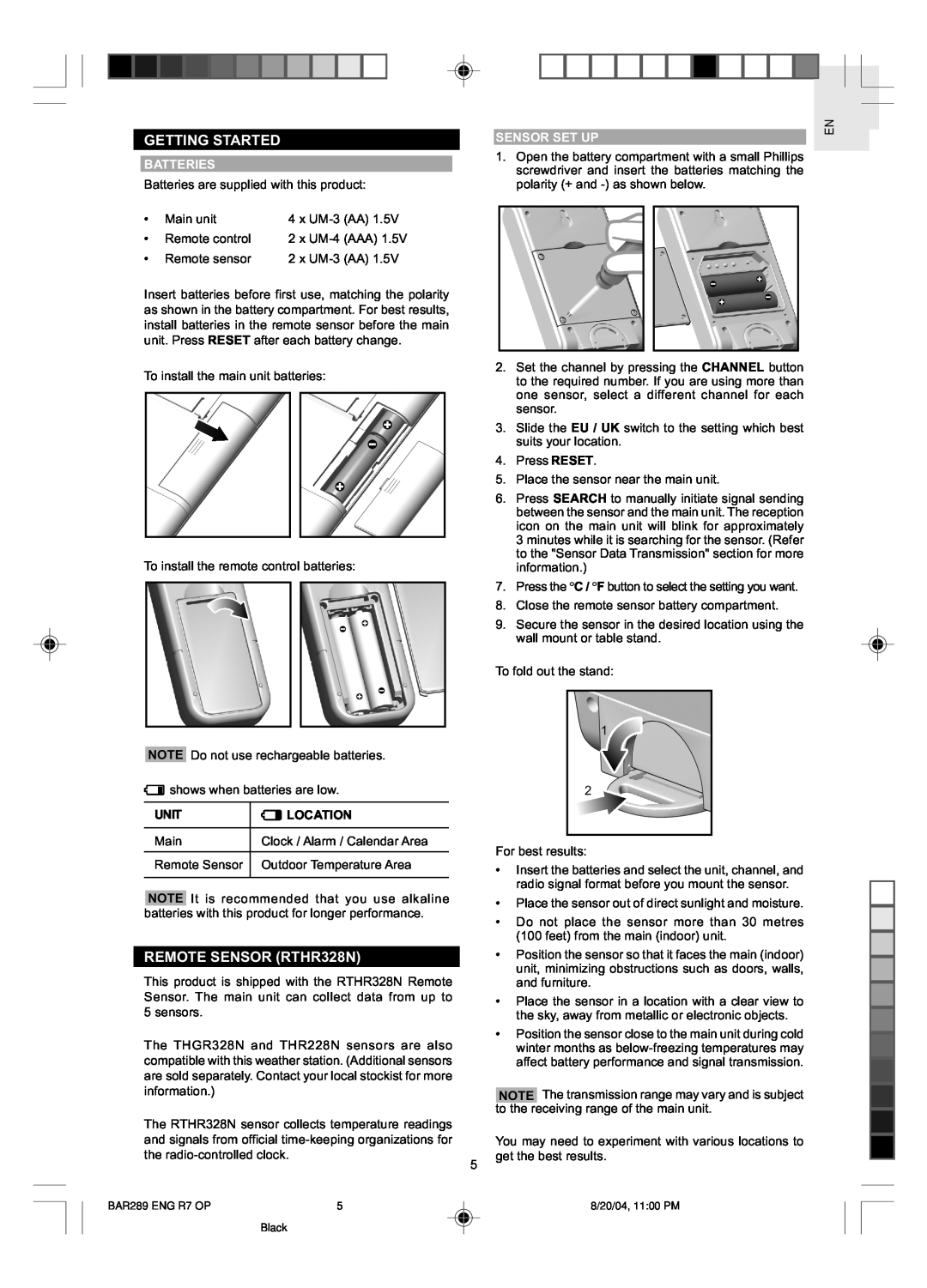 Oregon Scientific BAR289 user manual Getting Started, REMOTE SENSOR RTHR328N, Batteries, Sensor Set Up, Unit, Location 