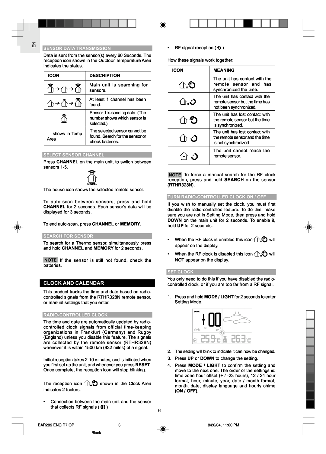 Oregon Scientific BAR289 Clock And Calendar, Sensor Data Transmission, Icon, Description, Select Sensor Channel, Meaning 