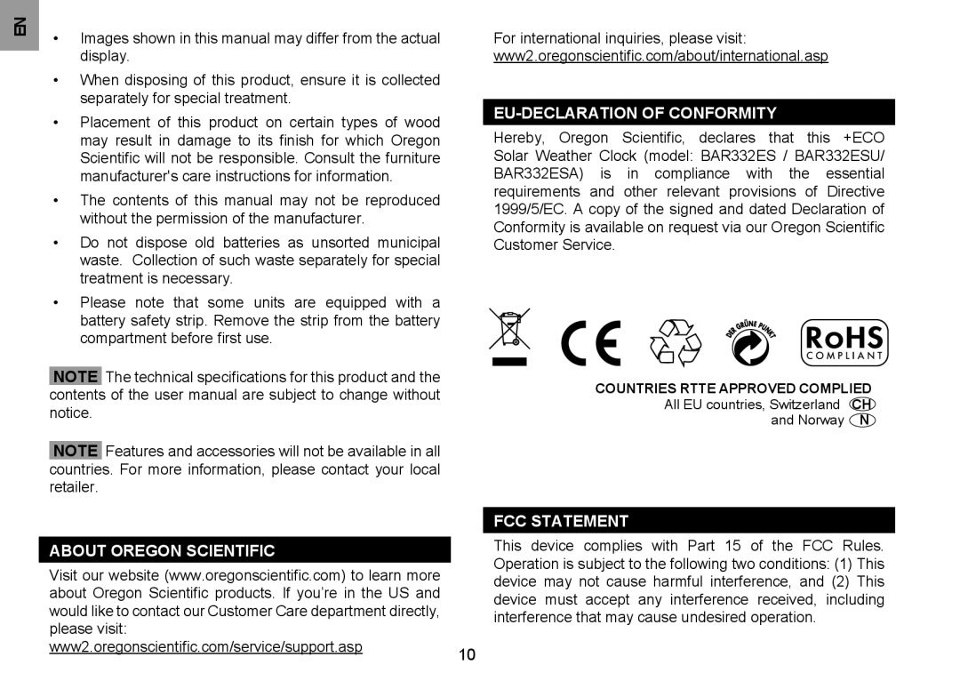 Oregon Scientific BAR332ES/BAR332ESA/BAR332ESU EU-Declaration of Conformity, About oregon scientific FCC Statement 