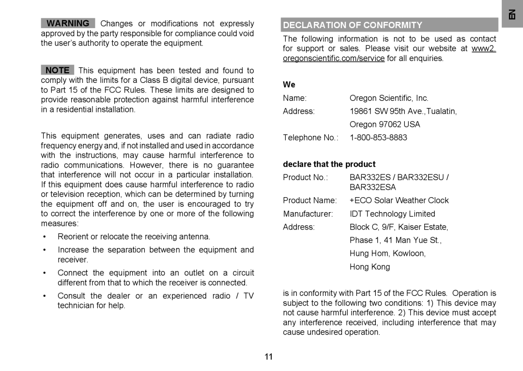 Oregon Scientific BAR332ES/BAR332ESA/BAR332ESU user manual Declaration of conformity, Declare that the product 