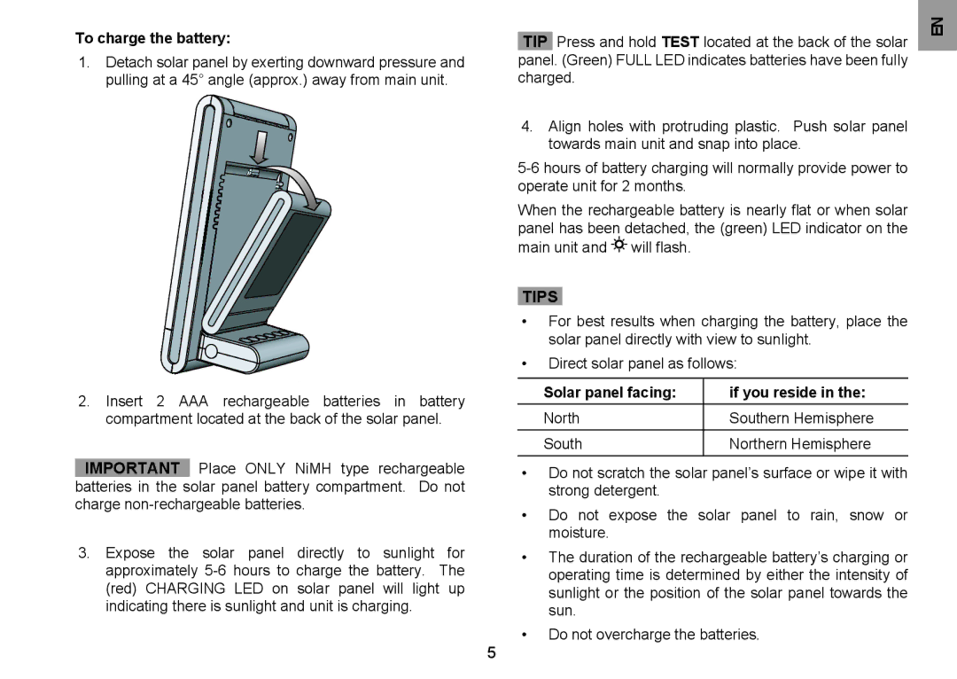 Oregon Scientific BAR332ES/BAR332ESA/BAR332ESU user manual To charge the battery, Solar panel facing If you reside 