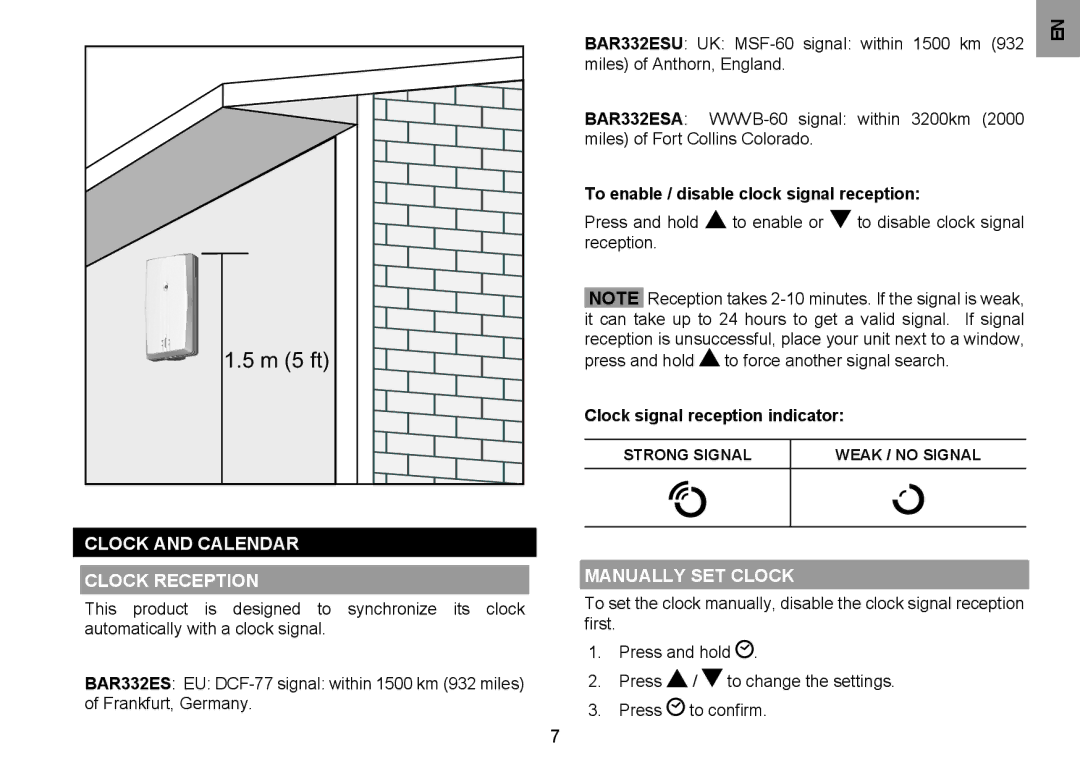 Oregon Scientific BAR332ES/BAR332ESA/BAR332ESU user manual To enable / disable clock signal reception, Manually Set Clock 