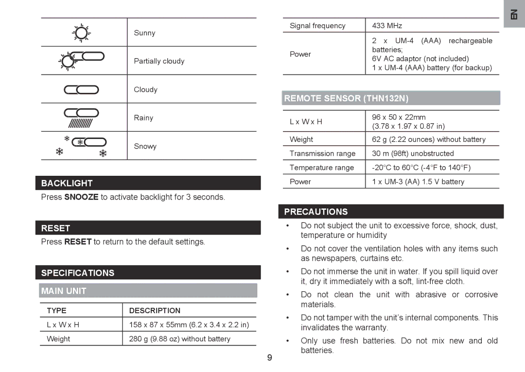 Oregon Scientific BAR332ES/BAR332ESA/BAR332ESU Backlight, Reset, Specifications Main Unit, Remote sensor Thn132n 