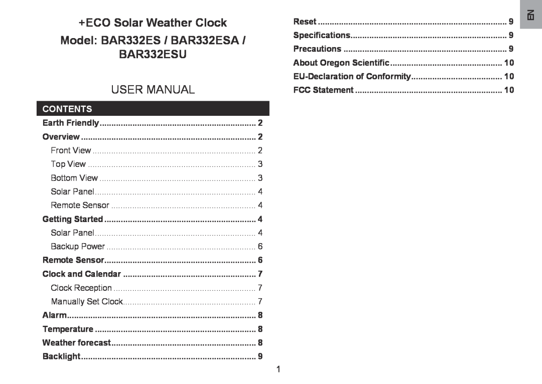 Oregon Scientific BAR332ES/BAR332ESA/BAR332ESU user manual Contents, +ECO Solar Weather Clock, Model BAR332ES / BAR332ESA 