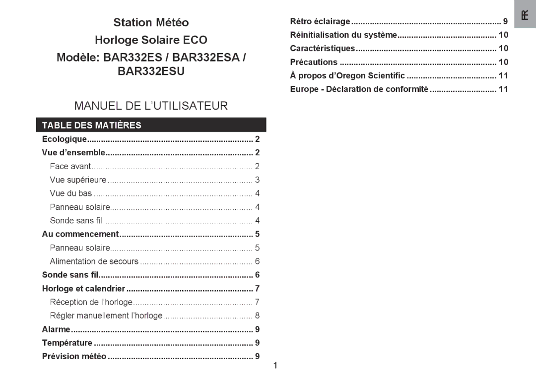 Oregon Scientific BAR332ESU, BAR332ESA user manual Manuel DE L’UTILISATEUR, Table DES Matières 