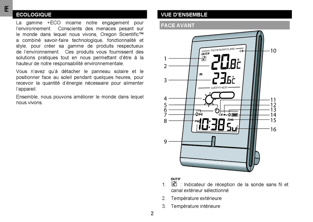 Oregon Scientific BAR332ESA, BAR332ESU user manual Ecologique, Vue d’ensemble Face Avant 