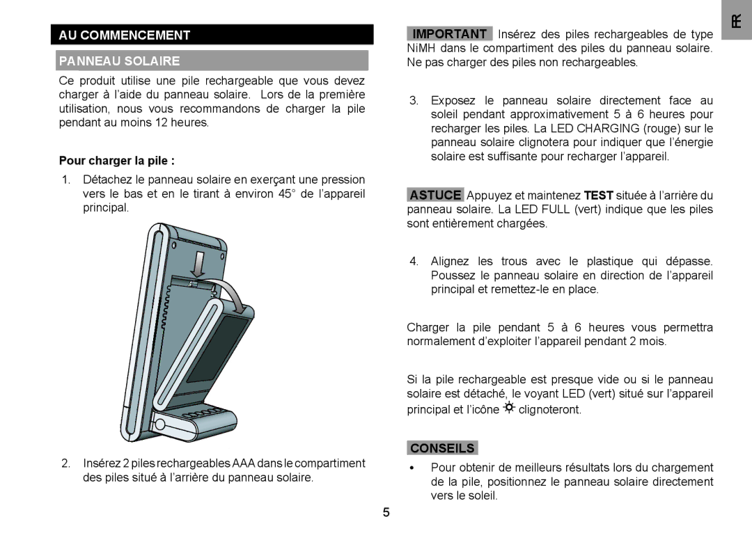 Oregon Scientific BAR332ESA, BAR332ESU user manual AU Commencement, Pour charger la pile, Conseils 