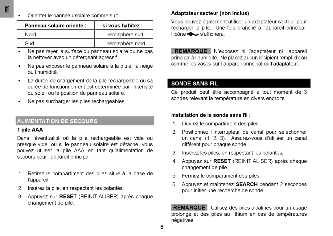 Oregon Scientific BAR332ES Panneau solaire orienté Si vous habitez, Alimentation DE Secours 1 pile AAA, Sonde sans fil 