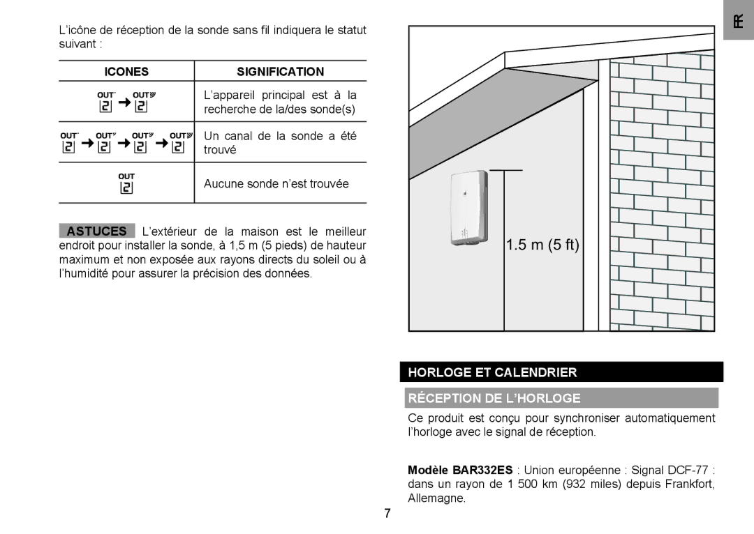 Oregon Scientific BAR332ESU, BAR332ESA user manual Icones, Horloge et calendrier Réception de l’horloge 