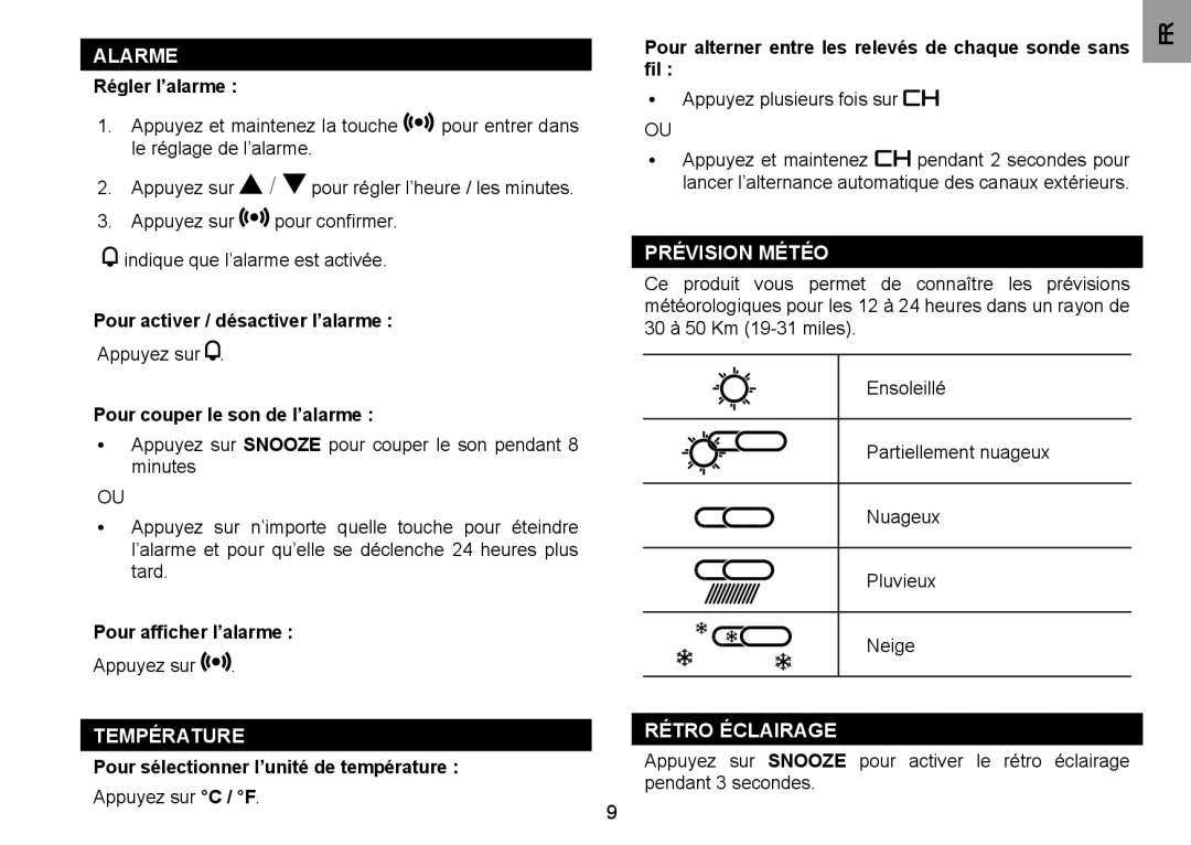 Oregon Scientific BAR332ESU, BAR332ESA user manual Alarme Régler l’alarme, Température, PRéVISION MéTéO, RéTRO éCLAIRAGE 