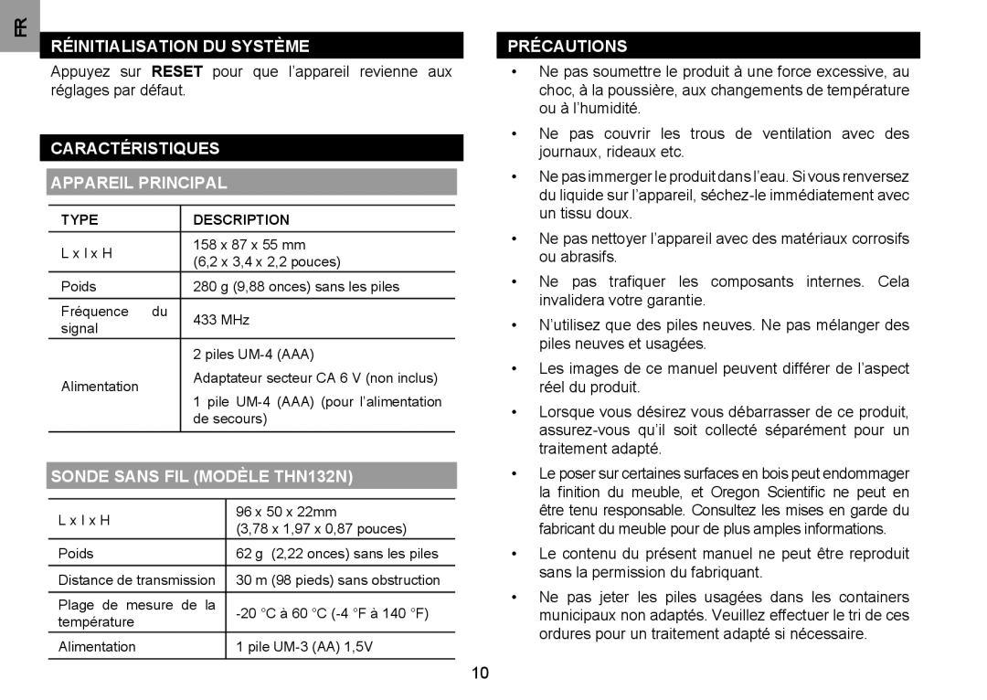 Oregon Scientific BAR332ESU, BAR332ESA Réinitialisation DU SYSTèME, Caractéristiques Appareil principal, Précautions 