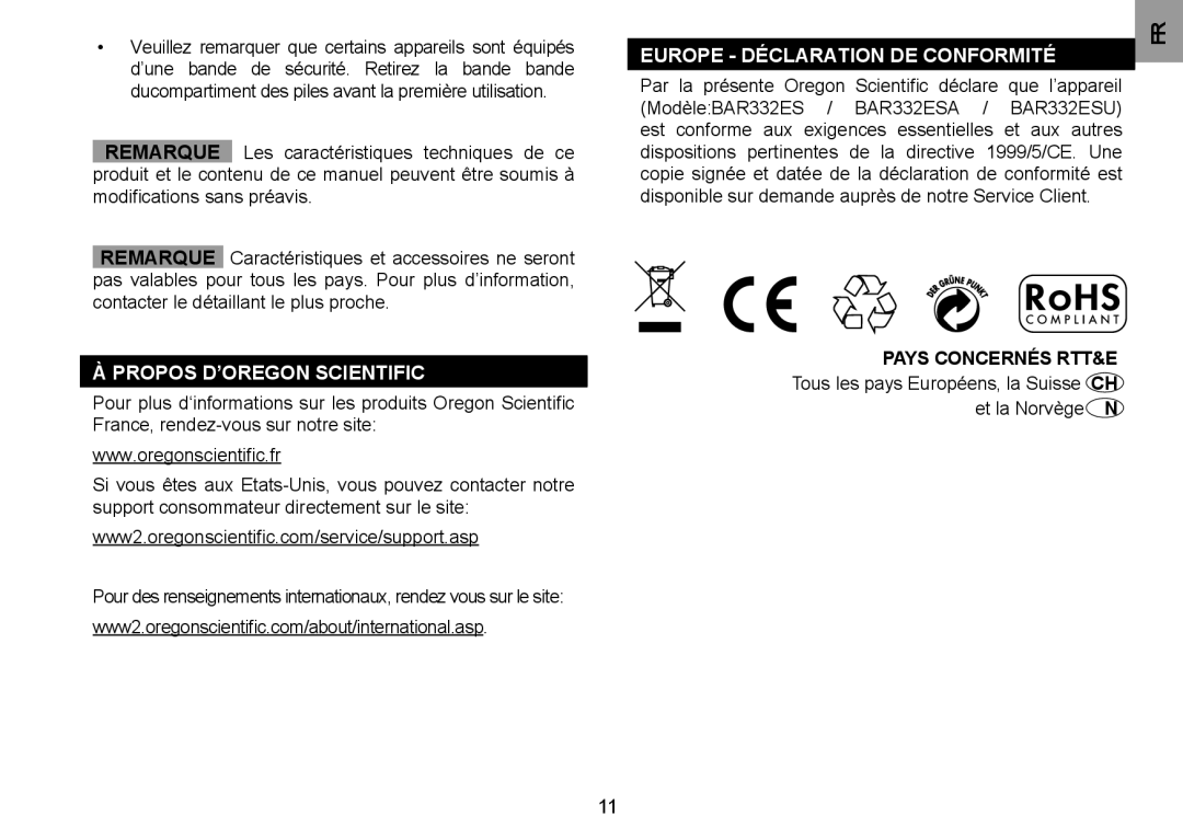 Oregon Scientific BAR332ESA, BAR332ESU Propos D’OREGON Scientific, Europe DéCLARATION DE Conformité, Pays Concernés RTT&E 