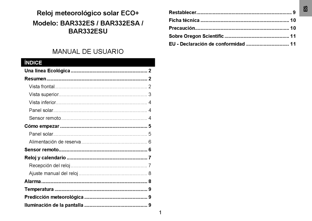 Oregon Scientific BAR332ESA user manual BAR332ESU Manual DE Usuario 