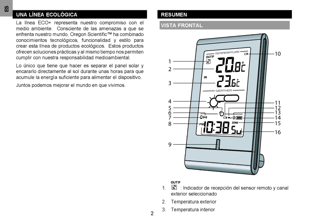 Oregon Scientific BAR332ESA, BAR332ESU user manual Una línea ecológica, Resumen Vista frontal 