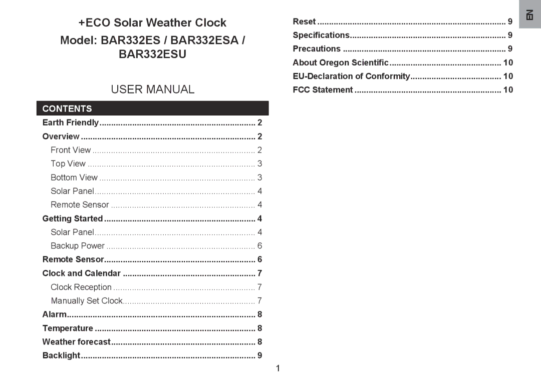 Oregon Scientific BAR332ESU, BAR332ESA user manual Contents 