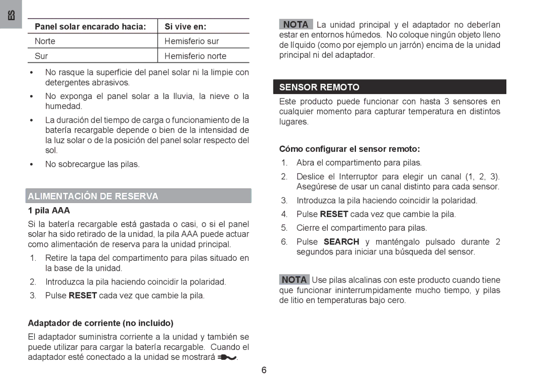 Oregon Scientific BAR332ESU, BAR332ESA user manual Alimentación de reserva, Sensor remoto 