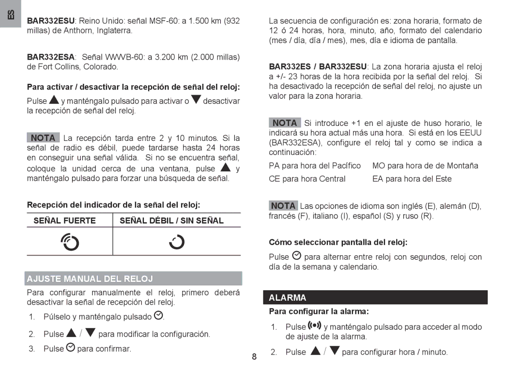 Oregon Scientific BAR332ESA, BAR332ESU user manual Señal Fuerte Señal Débil / SIN Señal, Ajuste manual del reloj, Alarma 