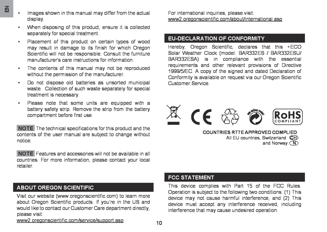 Oregon Scientific BAR332ESU, BAR332ESA user manual EU-Declaration of Conformity, about oregon scientific, FCC Statement 