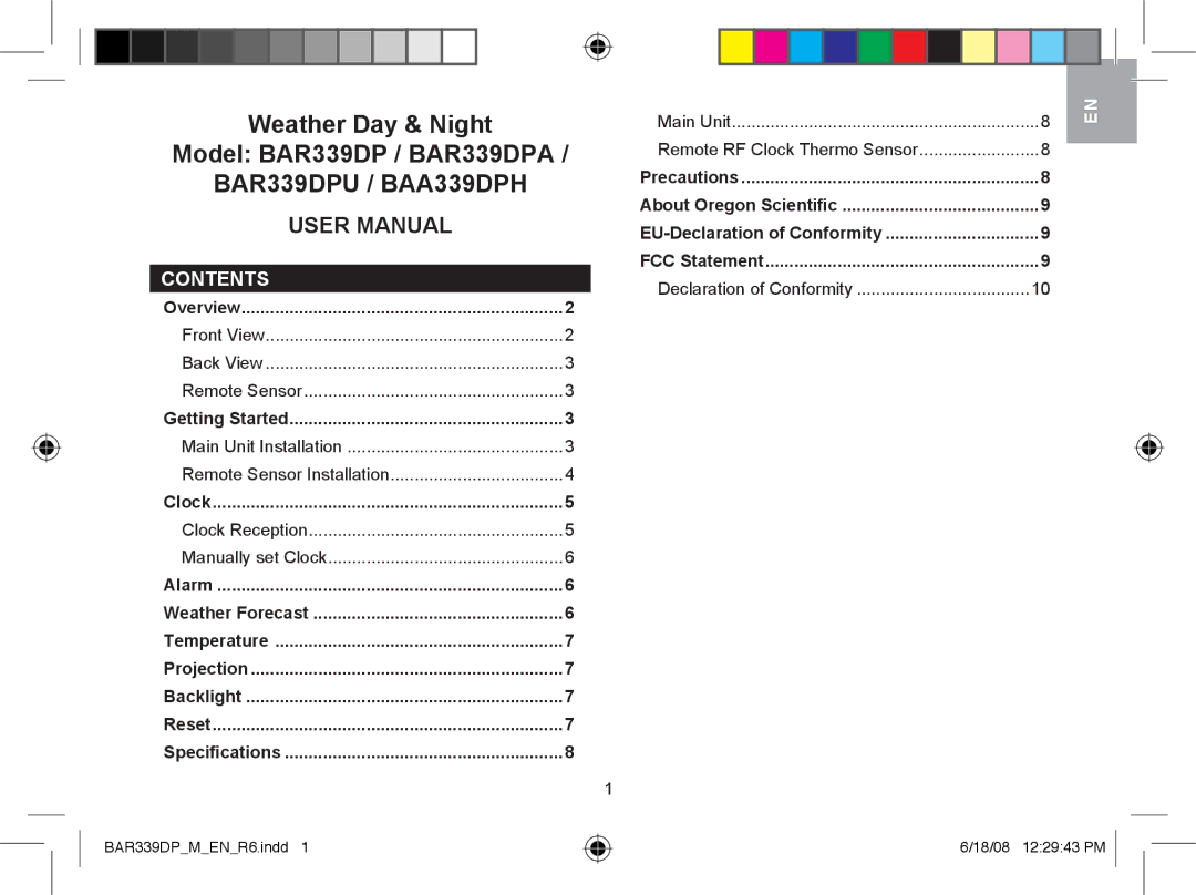 Oregon Scientific BAR339DPA user manual BAR339DPU / BAA339DPH, Contents 