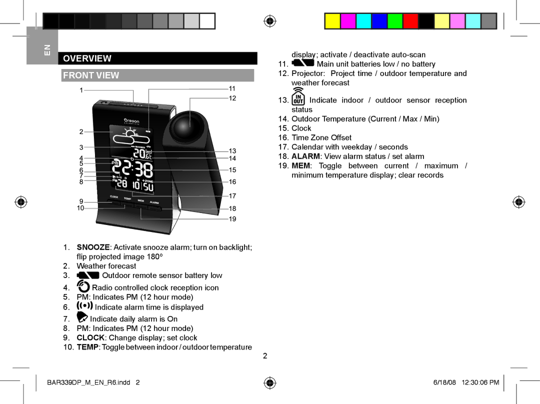 Oregon Scientific BAR339DPU, BAR339DPA, BAA339DPH user manual Overview Front View 