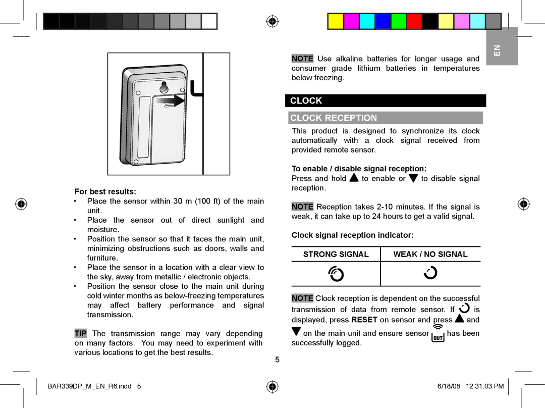 Oregon Scientific BAR339DPA, BAR339DPU Clock Clock Reception, For best results, To enable / disable signal reception 