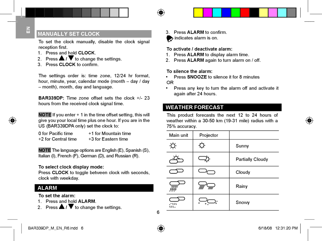 Oregon Scientific BAR339DPU, BAR339DPA, BAA339DPH user manual Manually SET Clock, Alarm, Weather Forecast 