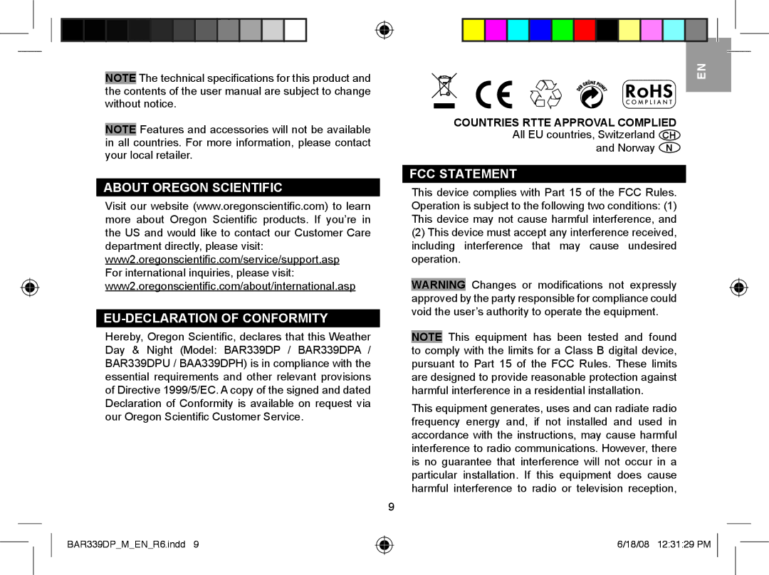 Oregon Scientific BAR339DPA, BAR339DPU, BAA339DPH About Oregon Scientific EU-DECLARATION of Conformity, FCC Statement 