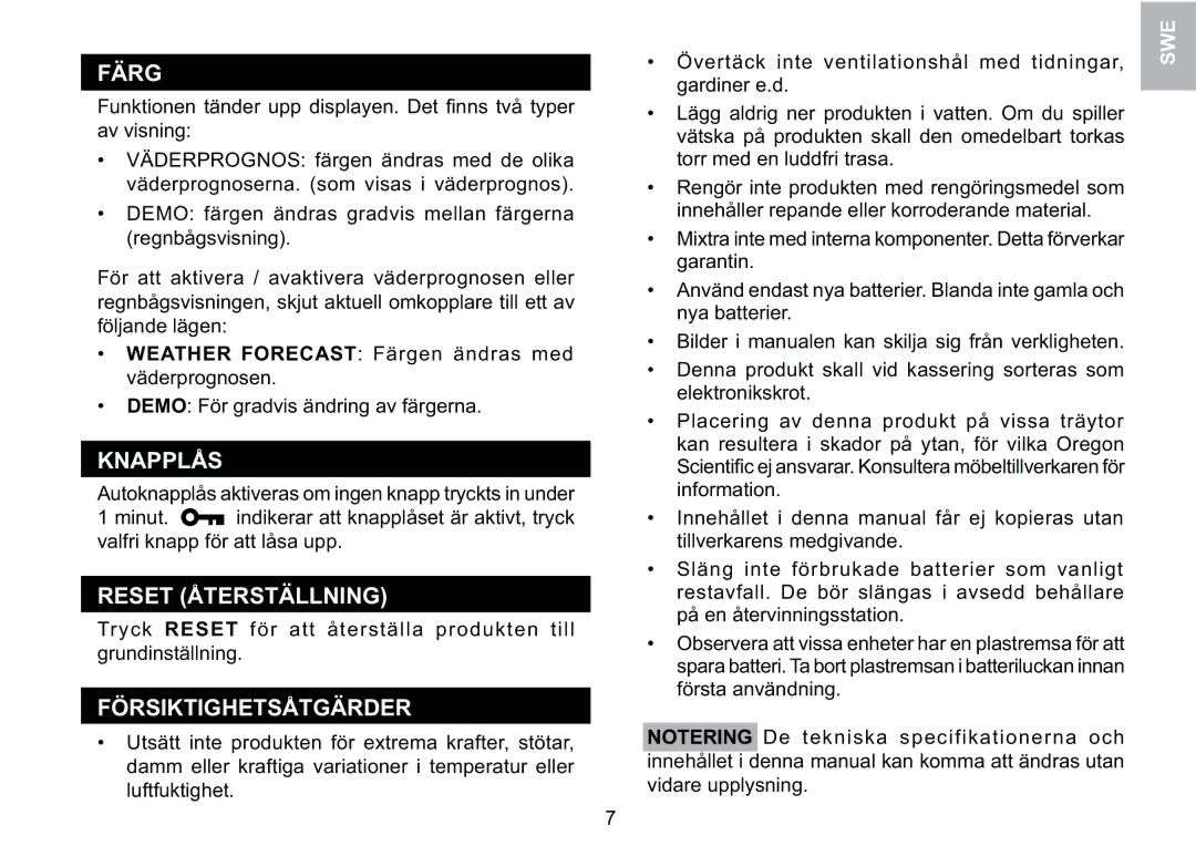 Oregon Scientific BAR339P manual BgW &D, G&W7 