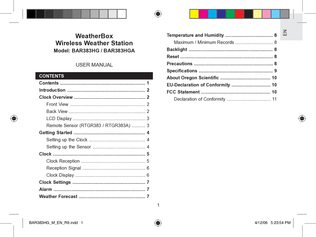 Oregon Scientific BAR383HGA user manual WeatherBox Wireless Weather Station, Contents 