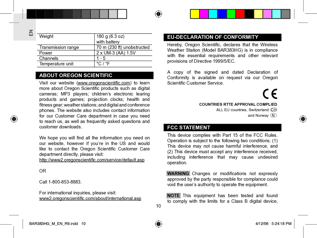 Oregon Scientific BAR383HGA user manual About Oregon Scientific, EU-DECLARATION of Conformity, FCC Statement 