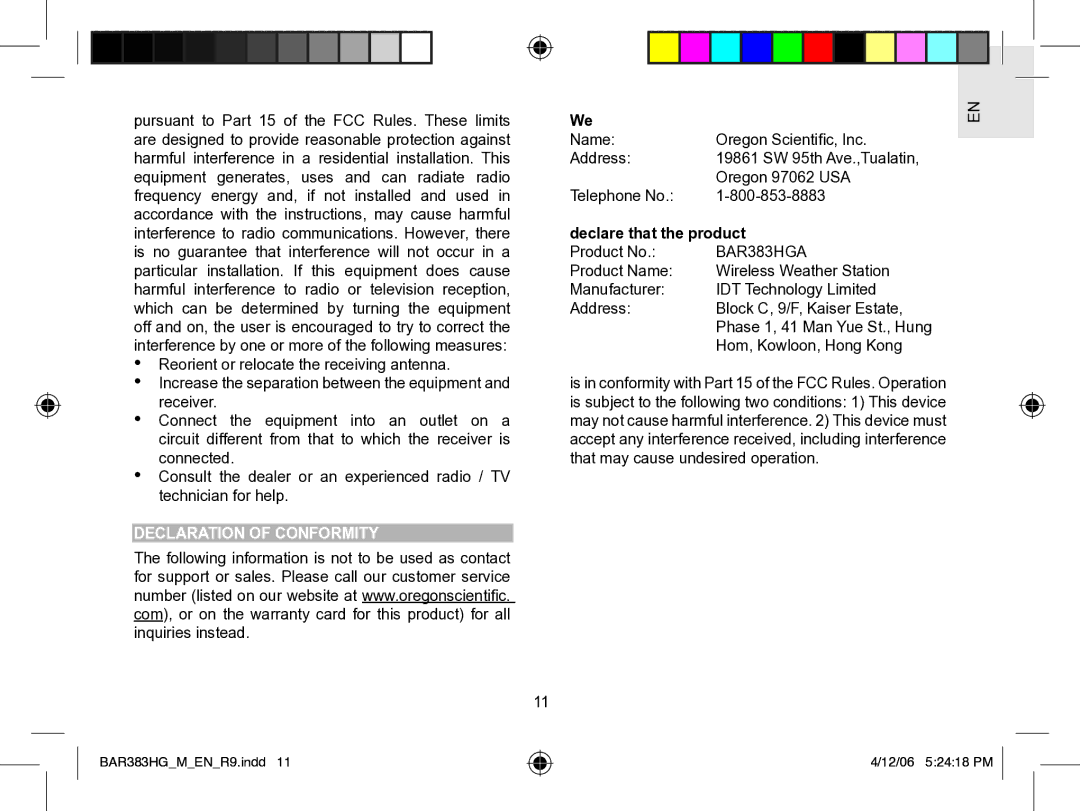 Oregon Scientific BAR383HGA user manual Declaration of Conformity, Declare that the product 