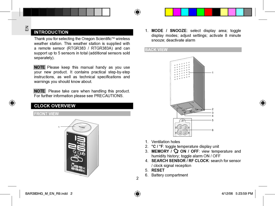 Oregon Scientific BAR383HGA user manual Introduction, Clock Overview, Front View, Back View, Reset 