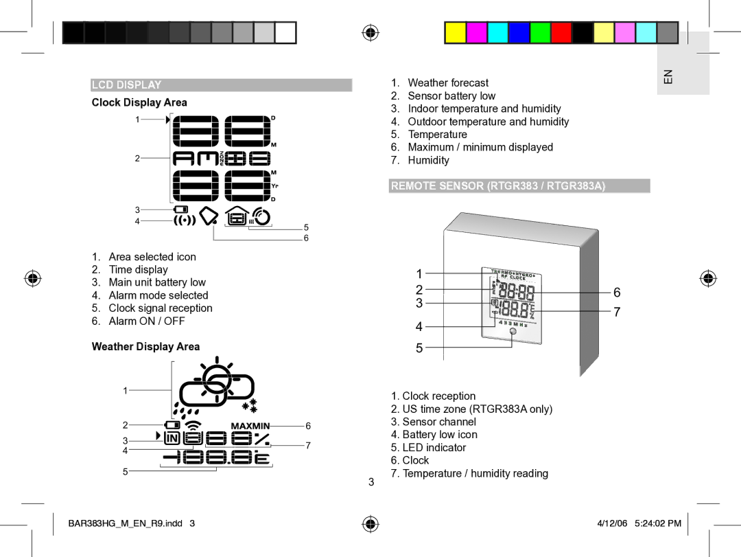 Oregon Scientific BAR383HG LCD Display, Clock Display Area, Remote Sensor RTGR383 / RTGR383A, Weather Display Area 