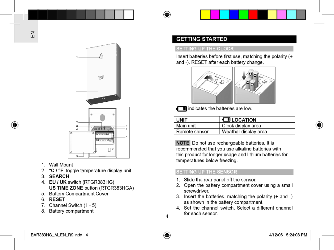 Oregon Scientific BAR383HGA user manual Getting Started, Setting UP the Clock, Unit Location, Setting UP the Sensor, Search 