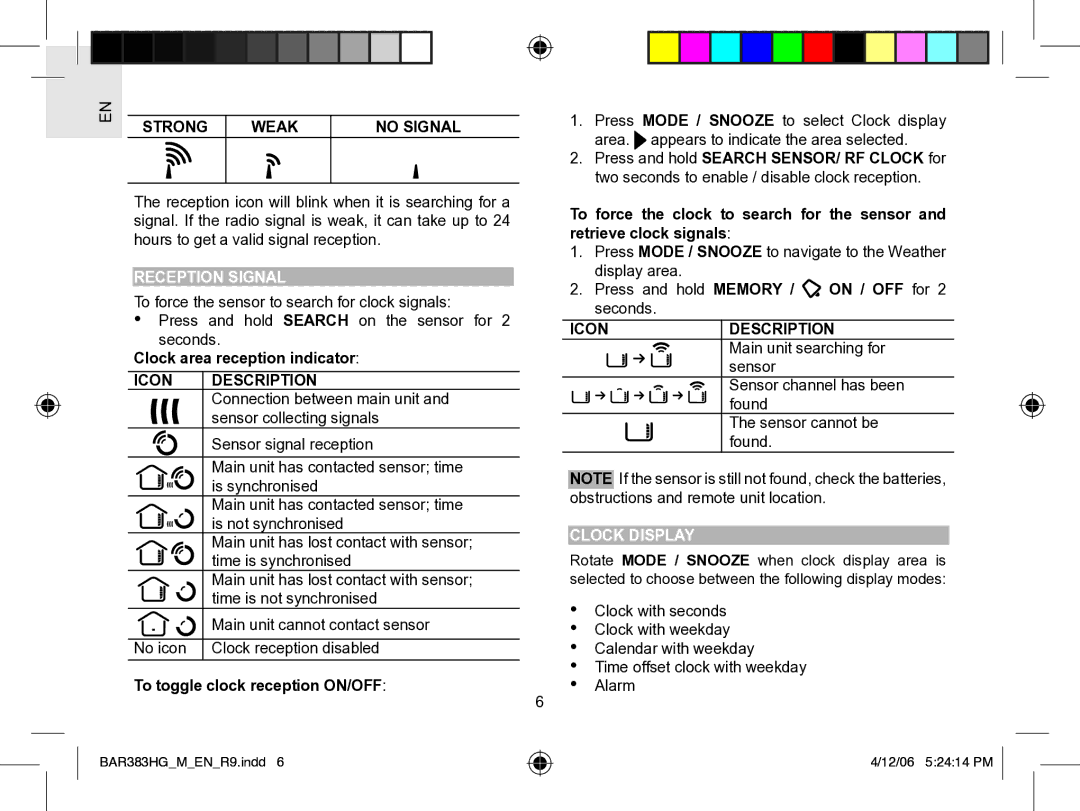 Oregon Scientific BAR383HGA user manual Strong Weak No Signal, Reception Signal, Icon Description, Clock Display 