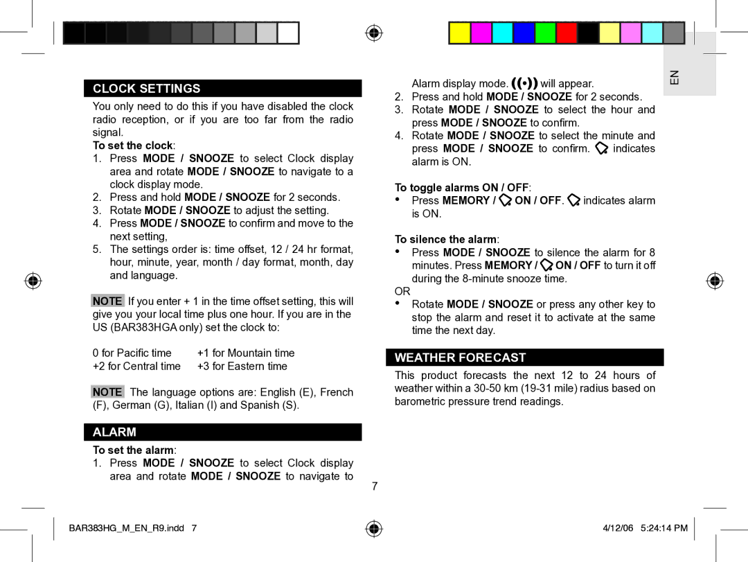 Oregon Scientific BAR383HGA user manual Clock Settings, Weather Forecast, Alarm 