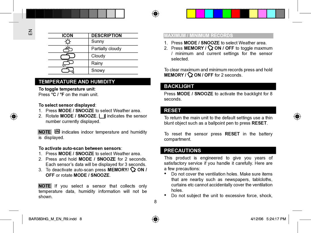 Oregon Scientific BAR383HGA user manual Temperature and Humidity, Backlight, Reset, Precautions, Maximum / Minimum Records 