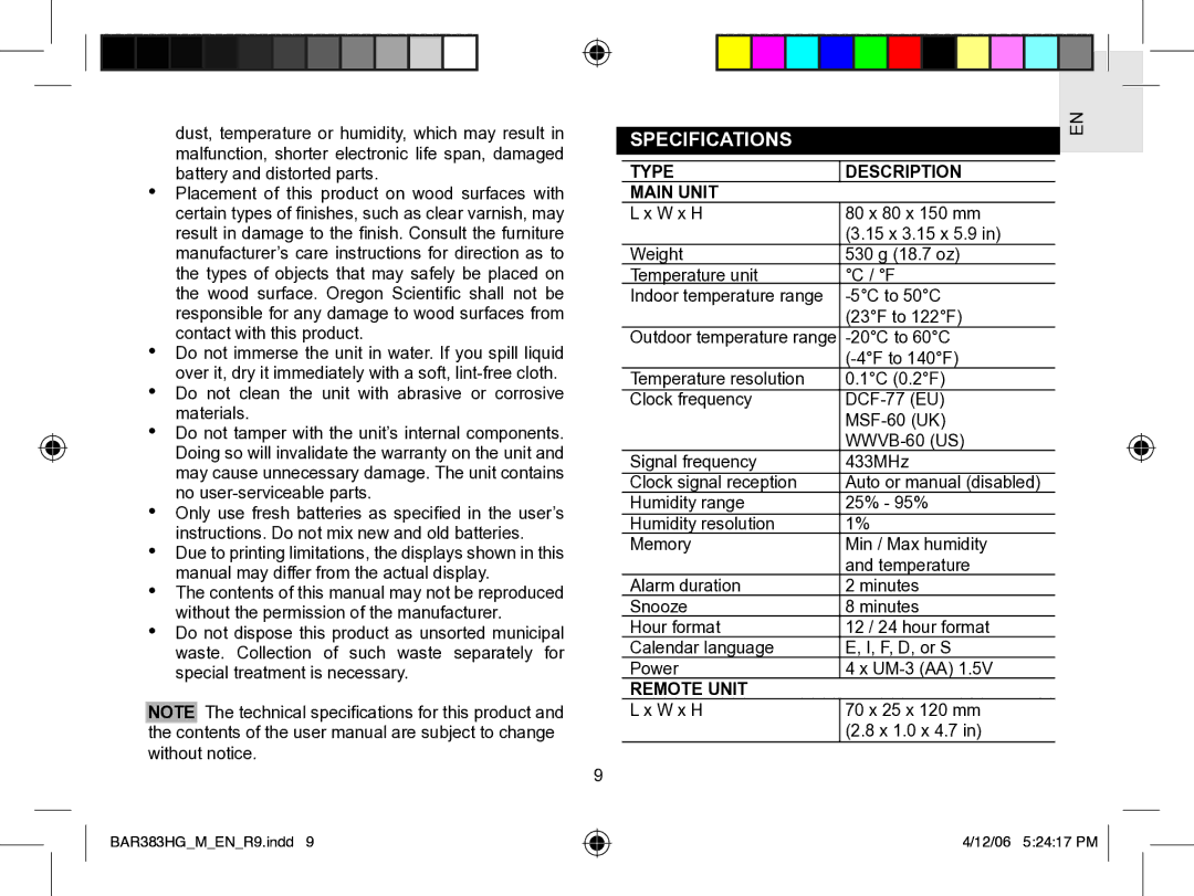 Oregon Scientific BAR383HGA user manual Specifications, Type Description Main Unit, Remote Unit 