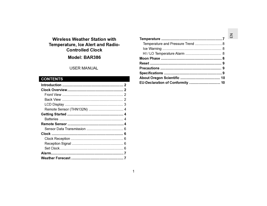 Oregon Scientific BAR386 user manual Contents 