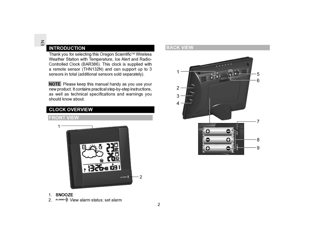 Oregon Scientific BAR386 user manual Introduction, Clock Overview Front View, Back View, Snooze 