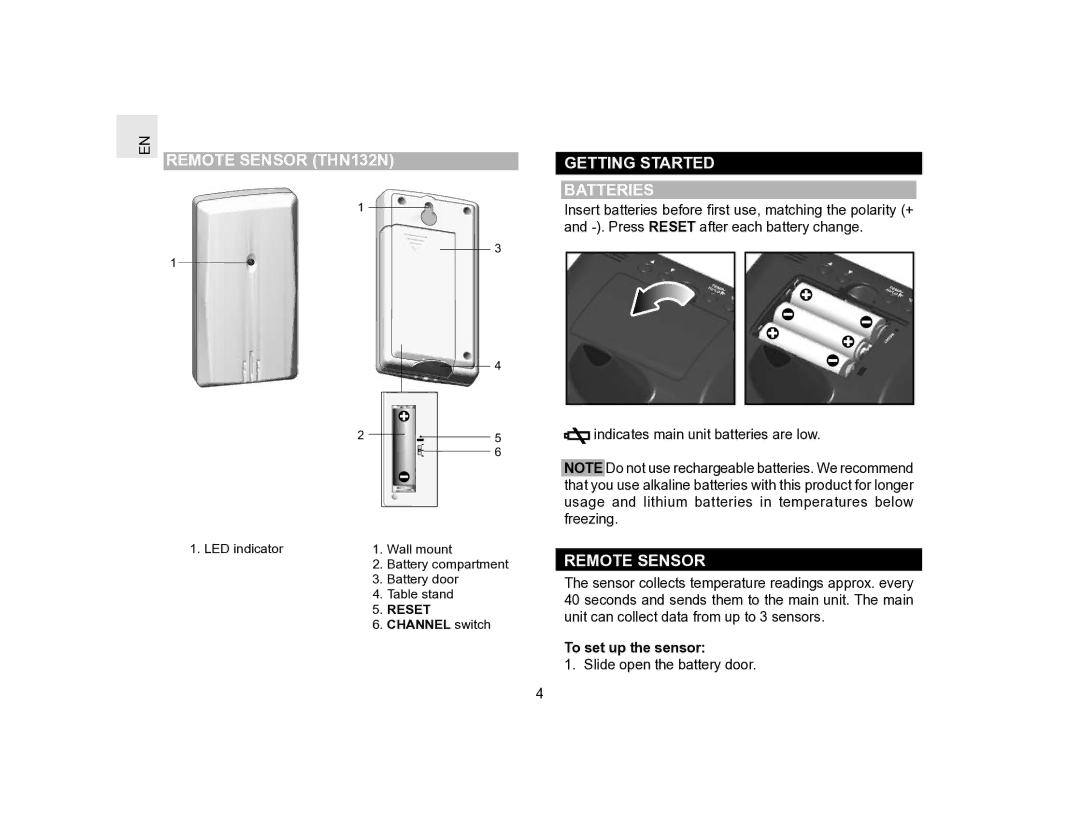 Oregon Scientific BAR386 user manual Remote Sensor THN132N, Getting Started Batteries, Reset 