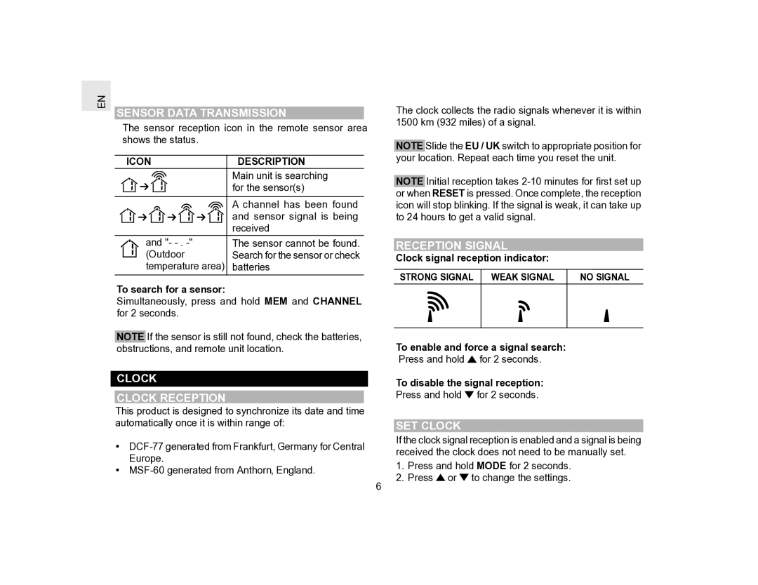 Oregon Scientific BAR386 user manual Sensor Data Transmission, Reception Signal, Clock Clock Reception, SET Clock 