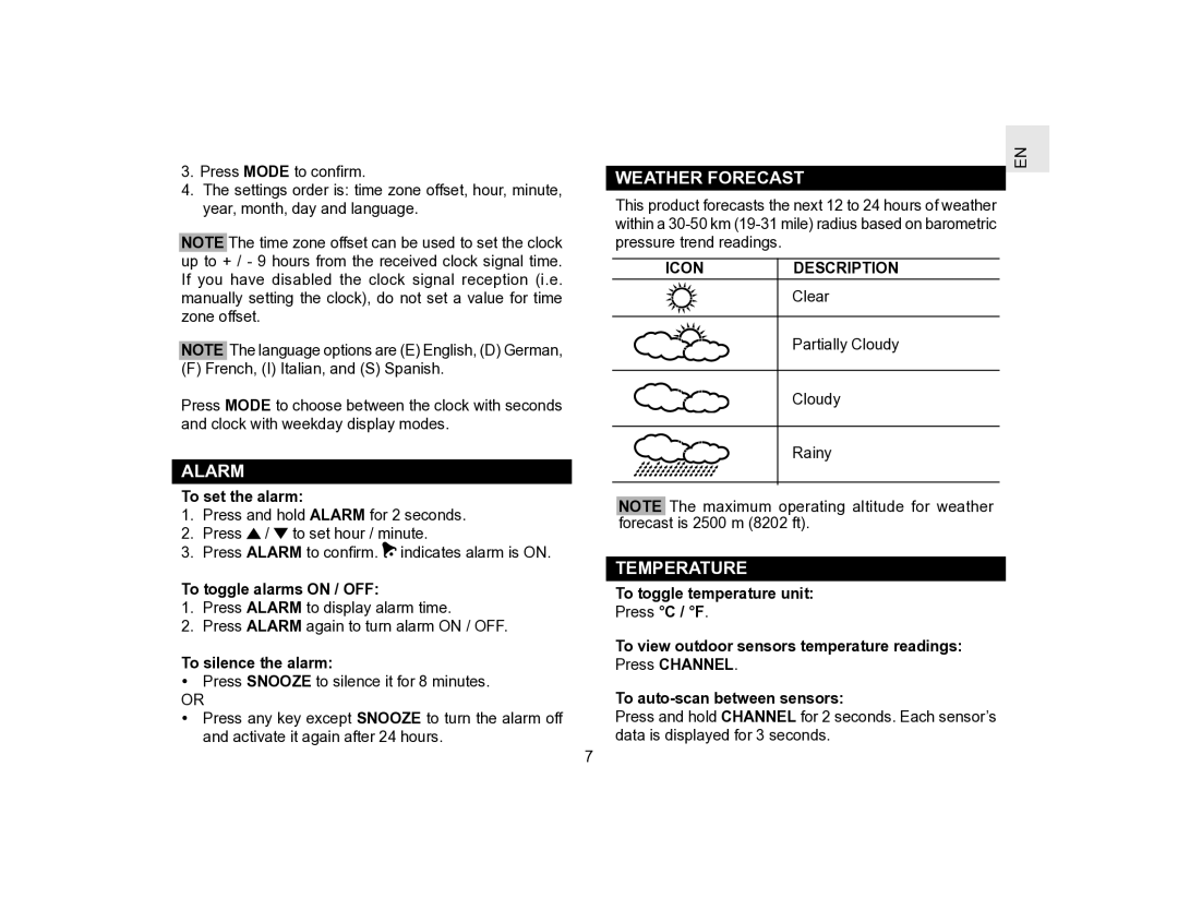 Oregon Scientific BAR386 user manual Alarm, Temperature 